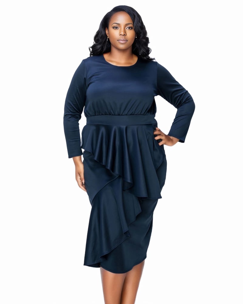 Front of a model wearing a size 3X Alexandra Ruffled Bodycon Dress in Navy by L I V D. | dia_product_style_image_id:315887